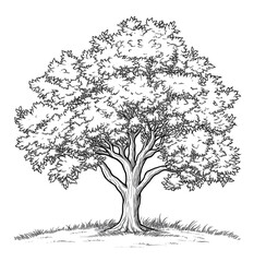 Wall Mural - simple black and white  line drawing of an oak tree with leaves