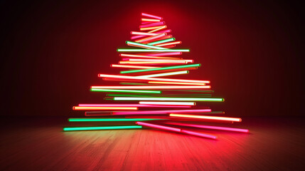 3D Christmas tree neon lights merry xmas new year abstract festive fashion red green banner glossy wallpaper bar club celebrate background with copy space