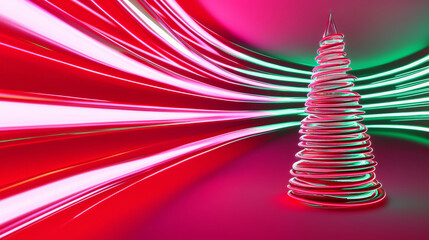 3D Christmas tree neon lights merry xmas new year abstract festive fashion red green banner glossy wallpaper bar club celebrate background with copy space