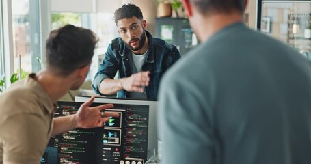 Leinwandbilder - Coding, computer screen and discussion with business people in office together from back. Collaboration, conversation and programming with developer team reading machine language in workplace