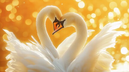 Two swans with white feathers gracefully intertwine their necks against a golden- bokeh-filled background- creating a romantic and serene scene.