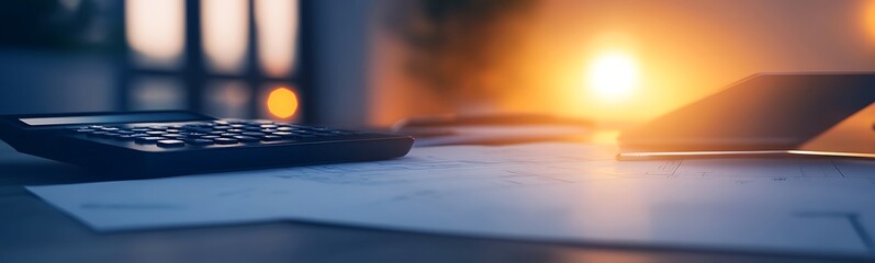 Aufkleber - A serene workspace at sunset, featuring a calculator, documents, and a laptop, creating an inspiring atmosphere for productivity.