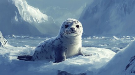Wall Mural - a cute baby seal pup sits on a snow covered ice floe in a cold arctic landscape.