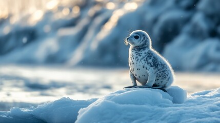 Wall Mural - A baby harp seal pup sits on a snow-covered ice floe in the Arctic.