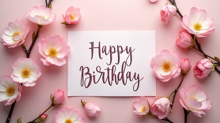 A flat lay of delicate pink cherry blossoms arranged around a simple white card with the handwritten message 