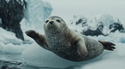 Wall Mural - A seal pup rests on an ice floe in the icy waters of the Arctic.