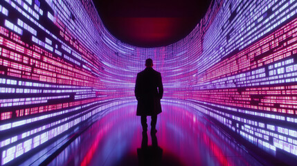 3D man silhouette standing surrounded by many floating virtual screens with digital charts and data flow blue pink purple background. cyberpunk sci-fi futuristic neon lights binary code screen firewal