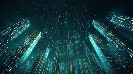 A futuristic cityscape at night with buildings illuminated by streams of binary code, depicting a world driven by digital information and technology.
