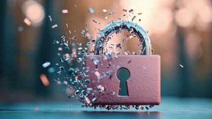 Wall Mural - a close up shot of a broken padlock with data streams leaking out, symbolizing a data breach and the