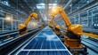 © Piyawat - Large Production Line with White Industrial Robot Arms at Modern Bright Factory. Solar Panels are being Assembled on Conveyor. Automated Manufacturing Facility