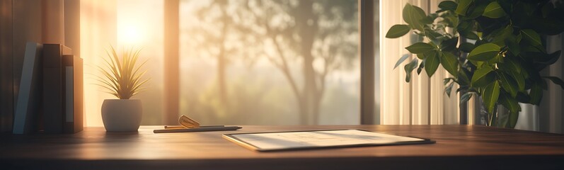 Poster - A peaceful workspace bathed in warm sunlight, featuring a plant, notebook, and a view of trees through a window.