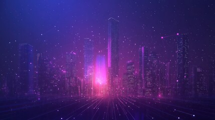 Smart city dot point connect with gradient line, connection technology metaverse concept. night city banner with big data