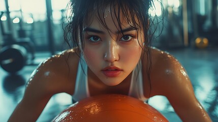 Wall Mural - A close-up of an Asian woman balancing on a gym ball with one knee, gym in the background with weights and mirrors, determination in her eyes, soft-focus details on background elements,