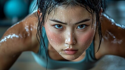 Wall Mural - A close-up of an Asian woman’s face and upper body while holding a plank, intense concentration, gym mirrors reflecting her form, background gym equipment softly focused, warm lighting adding depth,