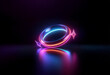© joeycheung - A glowing neon ring with a blue and pink hue spins on a reflective surface.
