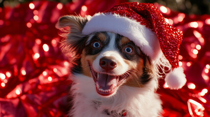 Adorable cute dog puppy wearing santa claus hat festive happy merry Christmas celebration fashion red green wallpaper background with copy space