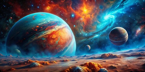 Wall Mural - a celestial landscape with a vibrant blue and orange planet, cosmic dust, and a distant star cluster