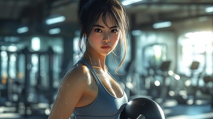 Wall Mural - A gym scene featuring an Asian woman mid-deadlift with a kettlebell, background showcasing gym mirrors and weight racks, bright lighting casting crisp shadows, sweat glistening on her skin,