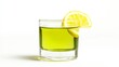 A glass of freshly brewed green tea, served with a lemon wedge, isolated on a white background