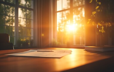 Poster - A warm sunrise illuminates a cozy workspace, with sunlight streaming through windows, casting a soothing glow on scattered papers and plants.