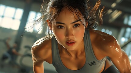 Wall Mural - A keyshot of an Asian woman mid-jump in a cardio session, athletic attire emphasizing muscle tone, gym environment with bright overhead lighting, motion blur on hair for realism,