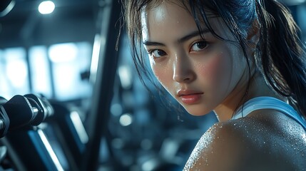 Wall Mural - A keyshot of an Asian woman mid-row on a machine, intense focus on her face, modern gym with mirrored walls and various equipment in the background, bright overhead lights,