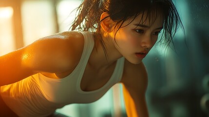 Wall Mural - A side-angle capture of an Asian woman performing a jump during an intense cardio workout, legs and arms in perfect form, gym setting with blurred equipment in the background, warm gym lighting,