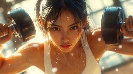 Wall Mural - An action-oriented capture of an Asian woman mid-lunge holding dumbbells, gym setting with mirrors reflecting her movement, bright and warm gym lighting, sweat adding realism to her skin,