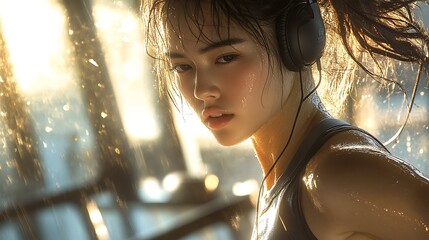 Wall Mural - An action-oriented capture of an Asian woman mid-stride on a treadmill, headphones in place, gym setting with bright light from large windows, sweat glistening on her skin,