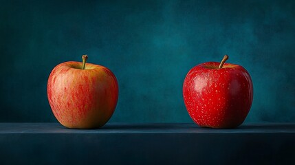 Wall Mural - Two red apples with different shades of red, placed side-by-side on a wooden surface against a textured blue background.