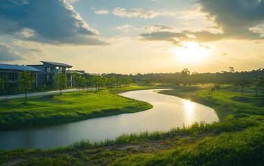 Aufkleber - A serene river flows through a lush landscape under a vibrant sunset, showcasing natural beauty and tranquility.