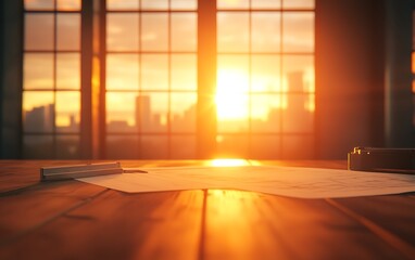 Poster - A serene sunset casts warm light over a table, illuminating scattered papers and a ruler, creating a peaceful, inspirational workspace atmosphere.