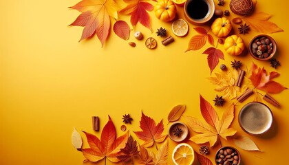 Autumn leaves arranged at the side corner on a vibrant yellow backdrop. Autumn modern art minimalist style design for template, poster, header, cover, social media, ads, decor. Plain background.