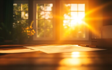 Poster - A sunlit workspace with papers scattered on a table, creating a warm and inviting atmosphere as sunlight streams through the windows.