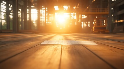 Leinwandbilder - A warm sunset illuminates a wooden floor in an industrial space, creating a serene atmosphere.