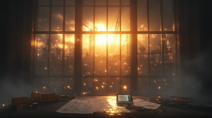 Aufkleber - A dimly lit room with a view of a fiery sunset through a large window, creating an atmospheric, post-apocalyptic ambiance.