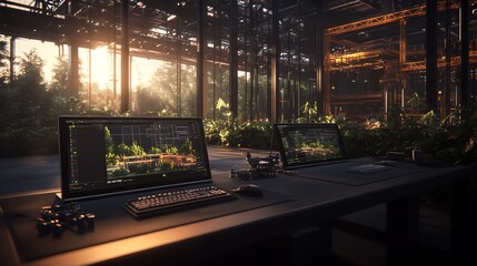 Aufkleber - A modern workspace surrounded by greenery, featuring dual monitors, surrounded by natural light and vibrant plants.