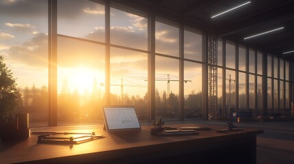 Poster - A serene workspace bathed in golden sunlight, featuring a desk set against expansive windows showcasing a beautiful sunset.