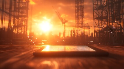 Aufkleber - A peaceful sunset over a construction site, showcasing a tablet resting on wood, highlighting the intersection of nature and technology.