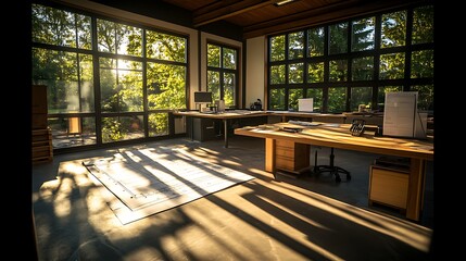 Poster - A bright, modern office filled with natural light, featuring large windows and wooden furniture, set in a tranquil, green environment.