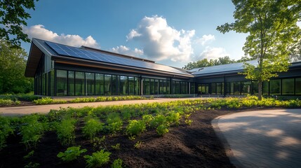 Aufkleber - A modern building with solar panels, surrounded by lush greenery and a clear blue sky, emphasizing sustainability and eco-friendly architecture.