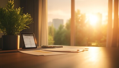 Poster - A serene workspace with a view, featuring a plant, a smartphone, and papers, bathed in warm sunlight, creating a peaceful atmosphere for productivity.
