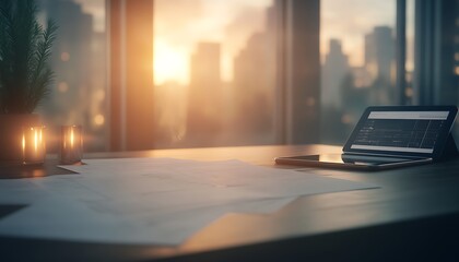 Poster - A cozy workspace at sunset, featuring paperwork and a tablet, evoking a productive and serene atmosphere in an urban setting.