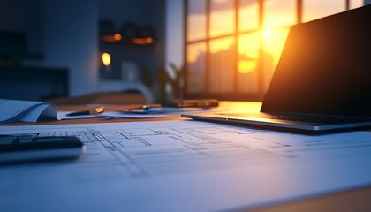 Poster - A warm sunset illuminates a modern workspace featuring a laptop, documents, and a serene atmosphere, perfect for productivity.