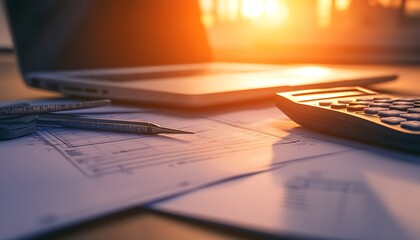 Aufkleber - A workspace scene featuring a laptop, calculator, and documents, illuminated by a warm sunset, signaling productivity and calm.