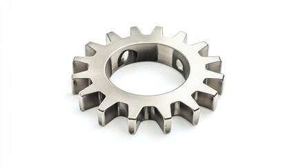 Wall Mural - Polished silver gear icon, top-down perspective in 3D, isolated on a white background.