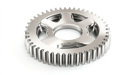 Wall Mural - Polished silver gear, viewed from a top-down perspective, isolated on a white backdrop in 3D.