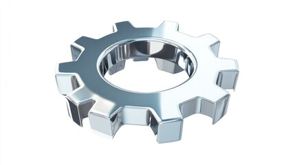 Wall Mural - Shiny silver gear icon with a smooth finish, top view, rendered in 3D against a white background for a clean look.