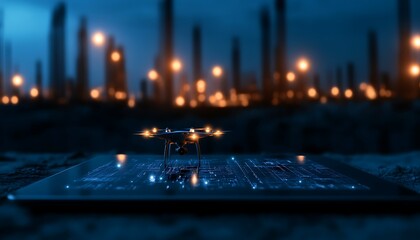 Aufkleber - A futuristic drone hovers over a glowing circuit board amidst a dark, mysterious landscape illuminated by distant lights.