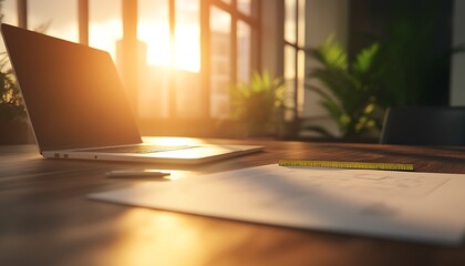 Aufkleber - A cozy workspace with a laptop and blank paper, illuminated by warm sunlight, surrounded by greenery, creating an inspiring atmosphere.